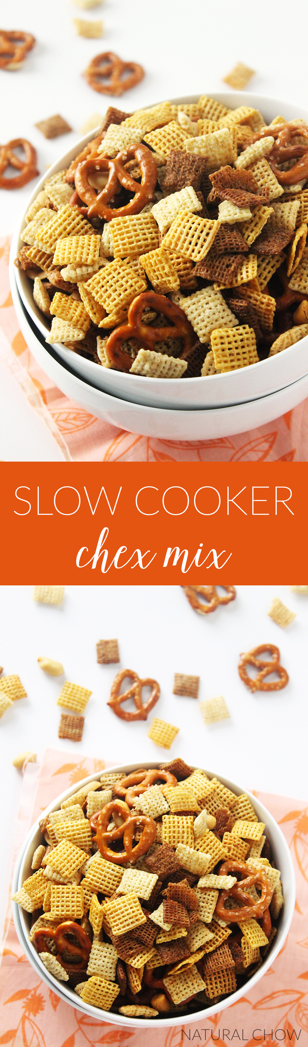 This slow cooker chex mix is super to make and is perfect for parties! Made with all-natural ingredients, this delicious snack is healthy and delicious.