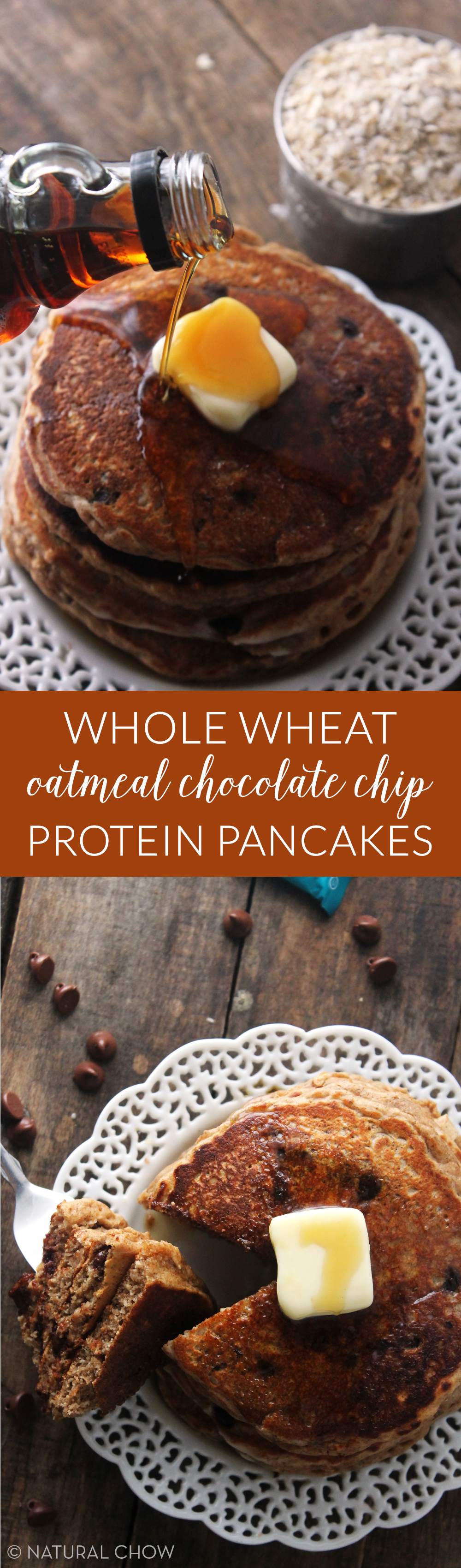 Fluffy whole grain pancakes loaded with chocolate chips and packed with protein for a delicious and healthy breakfast, ready in less than 30 minutes!