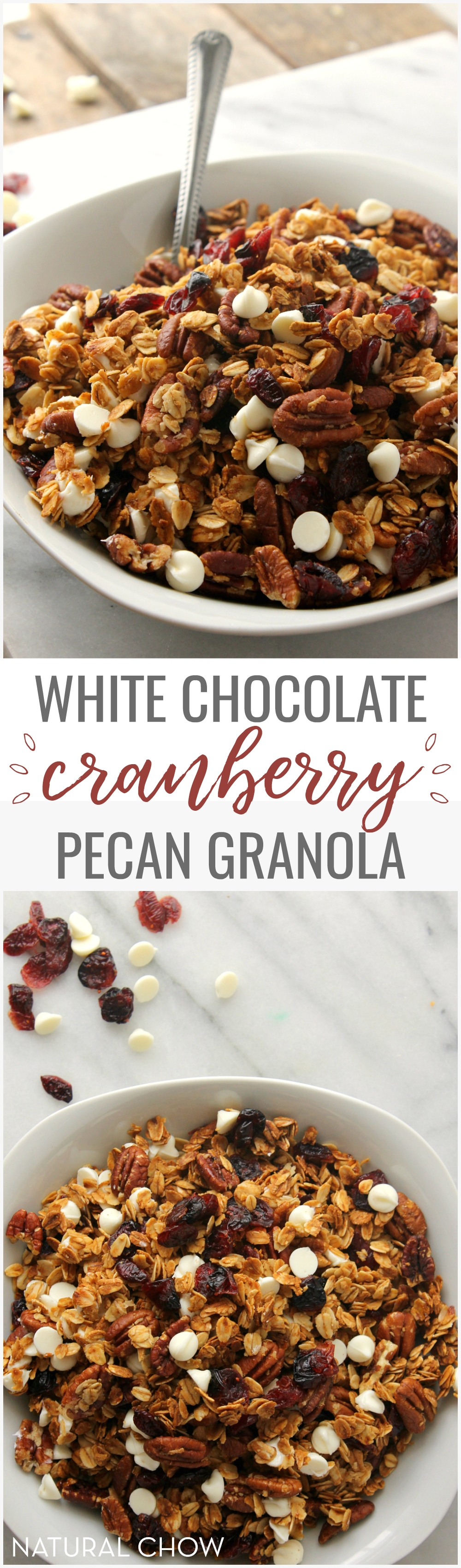 Sweet white chocolate chips and tangy dried cranberries make every bite of this White Chocolate Cranberry Pecan Granola Cereal an explosion of flavor. 