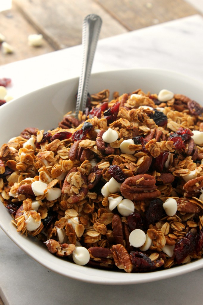 Sweet white chocolate chips and tangy dried cranberries make every bite of this White Chocolate Cranberry Pecan Granola Cereal an explosion of flavor. 